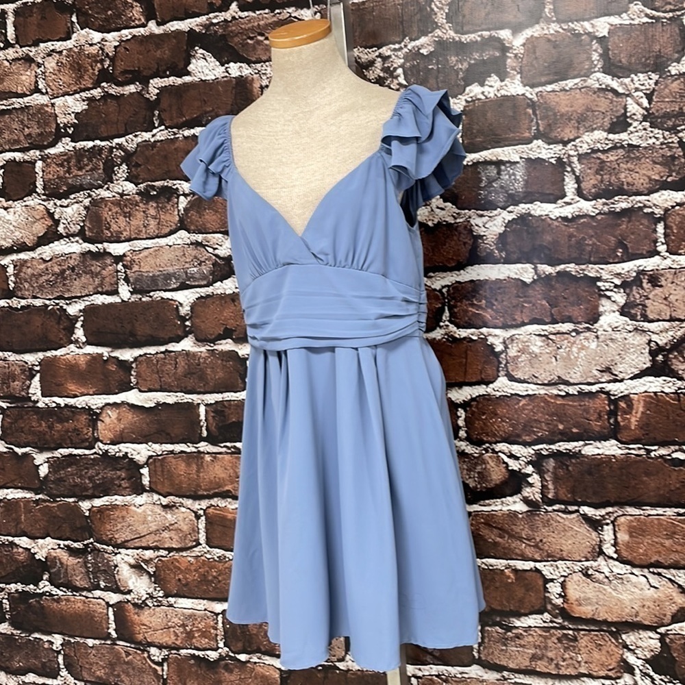 Mint Choco Blue Ruffle Sleeve V-Neck Mini Dress NWT Open Back Size Large L - Picture 6 of 17